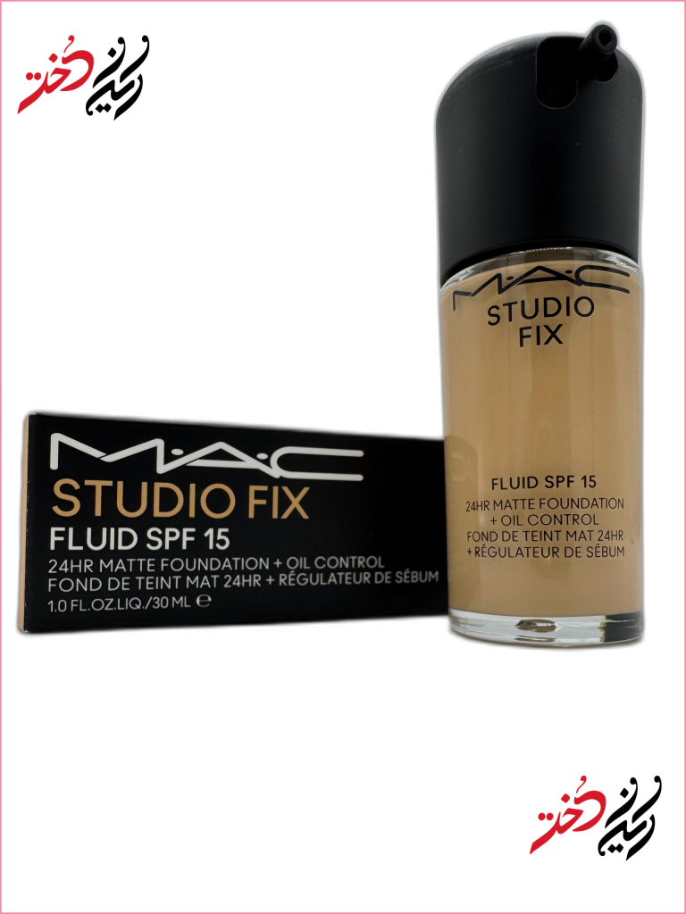 کرم پودر مک Studio Fix رنگ NC20 نمای جلو با درب مشکی و پمپ