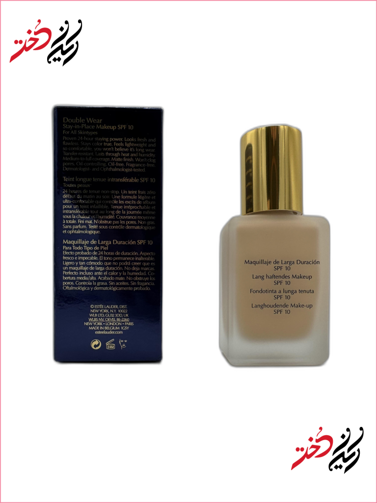 نمای پشت بسته‌بندی کرم پودر Estée Lauder با توضیحات کامل محصول