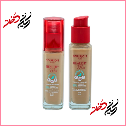 فوندیشن Bourjois Healthy Mix – نمای جلو و عقب با ظرف شیشه‌ای و درب قرمز – طراحی ساده و حرفه‌ای – عرضه‌شده توسط ایران دخت