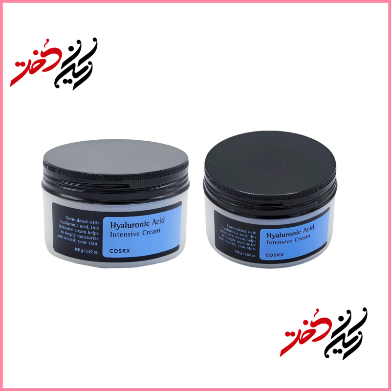 کرم قوی مرطوب‌کننده COSRX Hyaluronic Acid Intensive Cream – نمای جلو و عقب با ظرف پلاستیکی و درب مشکی – طراحی ساده و حرفه‌ای – عرضه‌شده توسط ایران دخت