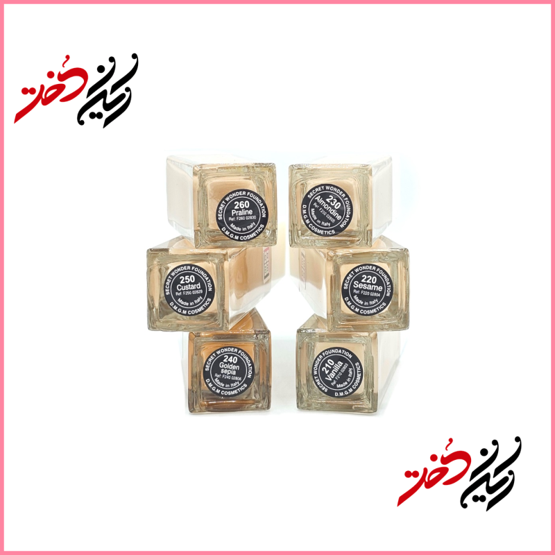 فوندیشن DMGM Secret Wonder Foundation – نمای چند رنگ با ظرف شیشه‌ای و برچسب مشکی – طراحی ساده و حرفه‌ای – عرضه‌شده توسط ایران دخت