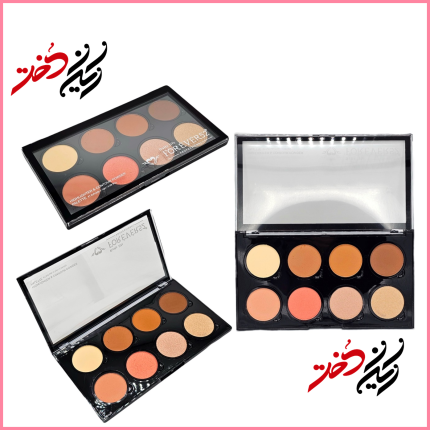 پالت هایلایتر و کانتور فوراِور ۵۲ – نمای باز و بسته با ۸ رنگ دایره‌ای شامل نقره‌ای، طلایی و قهوه‌ای – طراحی مشکی و حرفه‌ای