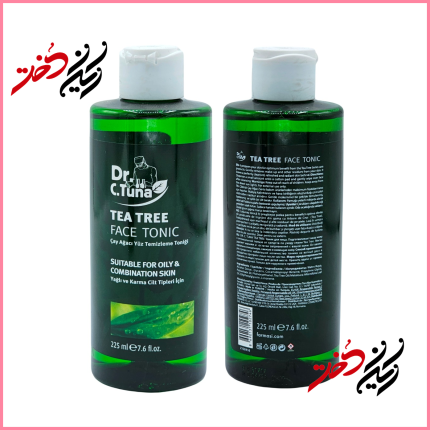 تونر Dr. C.Tuna Tea Tree Face Tonic – نمای جلو و عقب با ظرف شیشه‌ای و درب سفید – طراحی ساده و حرفه‌ای – عرضه‌شده توسط ایران دخت