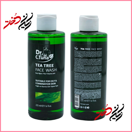 ژل پاک‌کننده Dr. C.Tuna Tea Tree Face Wash – نمای جلو و عقب با ظرف شیشه‌ای و درب سفید – طراحی ساده و حرفه‌ای – عرضه‌شده توسط ایران دخت