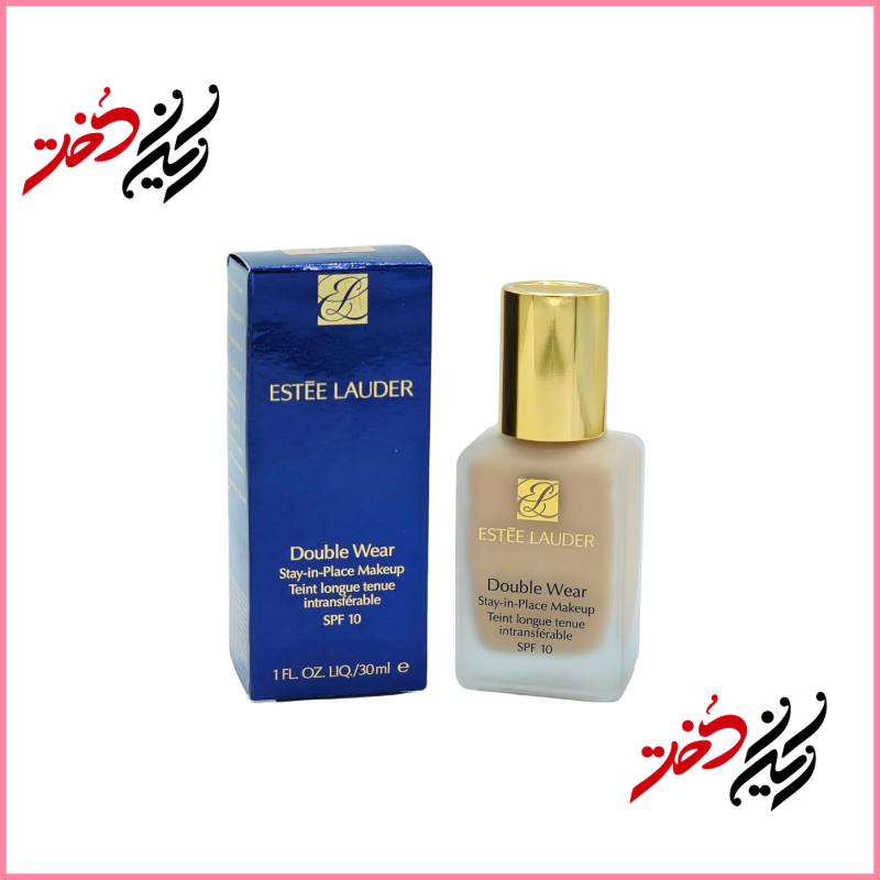 فوندیشن Estée Lauder Double Wear Stay-in-Place Makeup – نمای جلو و بسته‌بندی با ظرف شیشه‌ای و درب طلایی – طراحی لوکس و حرفه‌ای با رنگ بژ