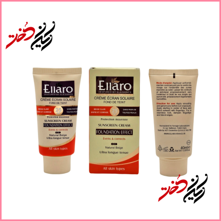 کرم ضد آفتاب الارو مدل Sunscreen Cream Foundation Effect رنگ Beige Clair حجم ۴۰ میلی‌لیتر – نمای جلو، جعبه و پشت بطری اورجینال – ایران دخت