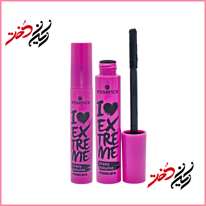ماسکارا Essence I Love Extreme Crazy Volume – نمای باز و بسته با قلم موی موج‌دار و بسته‌بندی بنفش و مشکی – طراحی شیک و جذاب