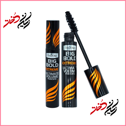 ماسکارا Isadora Big Bold Extreme – نمای باز و بسته با قلم موی موج‌دار و بسته‌بندی مشکی و نارنجی – طراحی شیک و پرقدرت