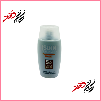 فلید ضد آفتاب ایسدن Fusion Water Magic SPF 50 حجم ۵۰ میلی‌لیتر – نمای جلوی بطری و جعبه اورجینال – ایران دخت