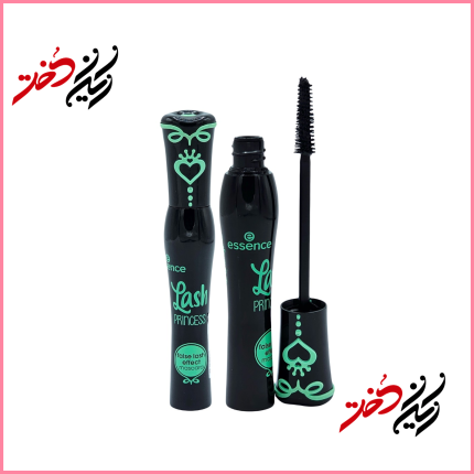 ماسکارا Essence Lash Princess – نمای باز و بسته با قلم موی موج‌دار و بسته‌بندی مشکی و سبز – طراحی شیک و جذاب