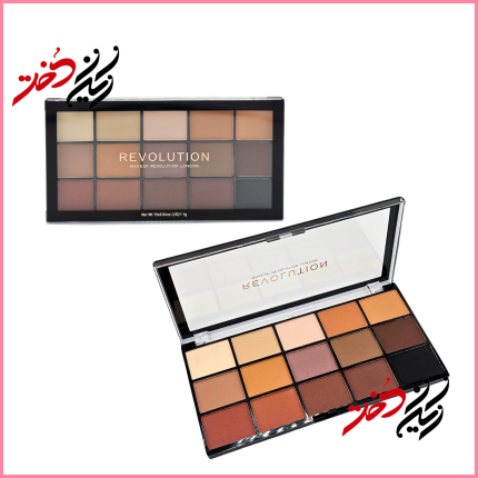 پالت چشم Revolution 15 Color – نمای باز و بسته با ۱۵ رنگ شامل مات و متالیک – طراحی مشکی و حرفه‌ای با لوگوی طلایی