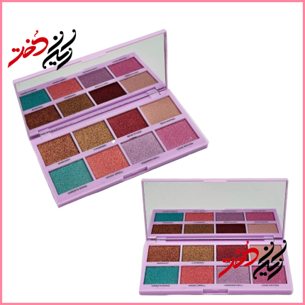 پالت چشم Revolution Spellbound – نمای باز و بسته با ۱۸ رنگ شامل متالیک و مات – طراحی بنفش و جذاب با نام‌های جادویی