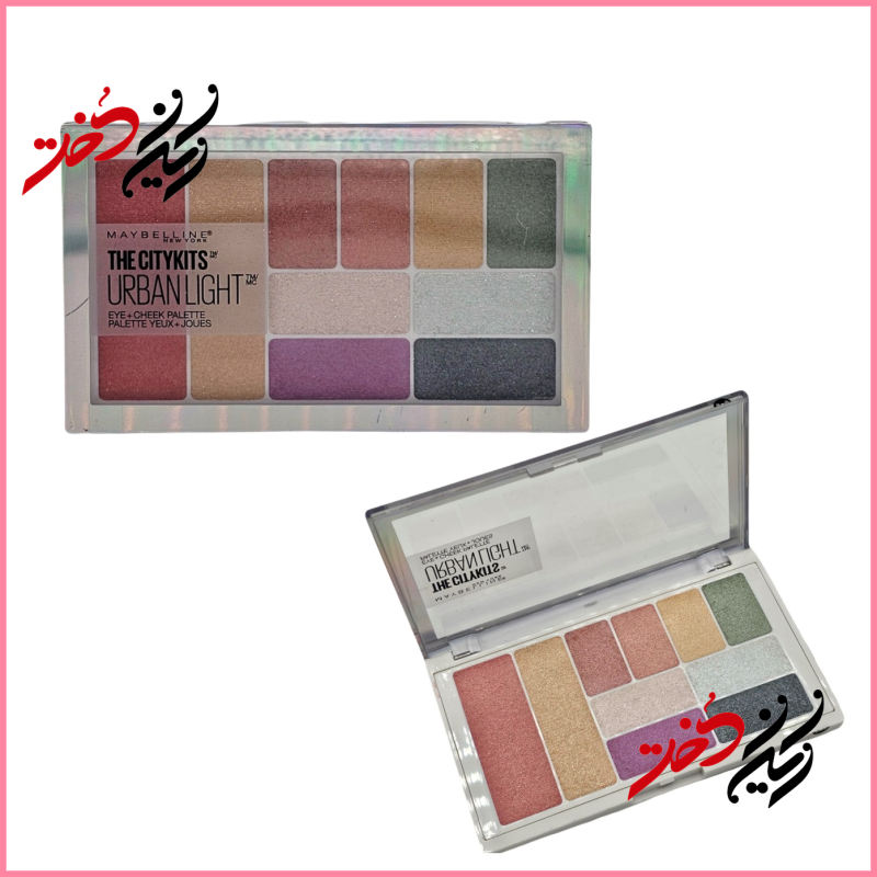 پالت چشم و گونه Maybelline The City Kits Urban Light – نمای باز و بسته با طراحی شیک و رنگ‌های متنوع – شامل ۱۰ رنگ برای چشم و گونه – عرضه‌شده توسط فروشگاه ایران دخت