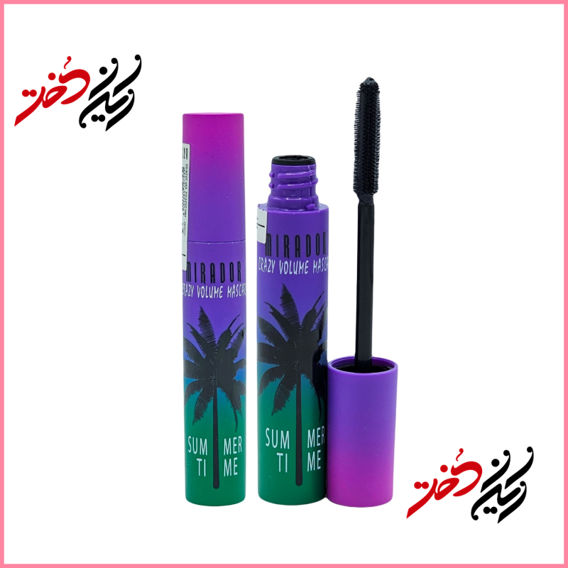 ماسکارا Mirador Crazy Volume Mascara Summer Time – نمای باز و بسته با قلم موی موج‌دار و بسته‌بندی بنفش و سبز – طراحی شیک و جذاب