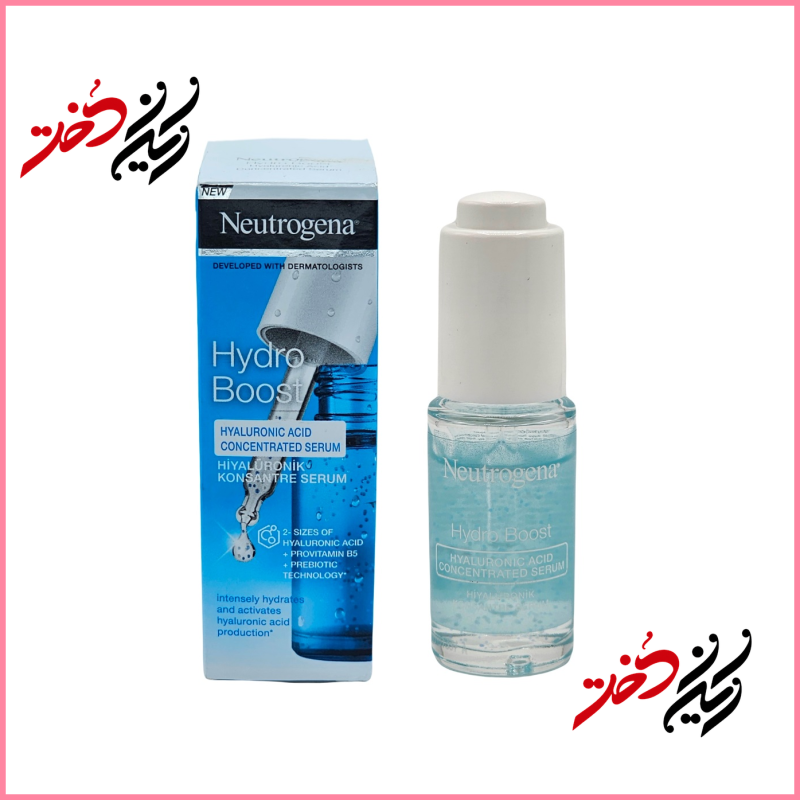 سرم Neutrogena Hydro Boost Hyaluronic Acid Concentrated Serum – نمای جلو و بسته‌بندی با ظرف شیشه‌ای و درب سفید – طراحی ساده و حرفه‌ای با رنگ آبی
