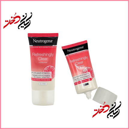 کرم مرطوب‌کننده Neutrogena Refreshingly Clear – نمای جلو و باز با ظرف پلاستیکی و درب قرمز – طراحی ساده و حرفه‌ای با رنگ صورتی