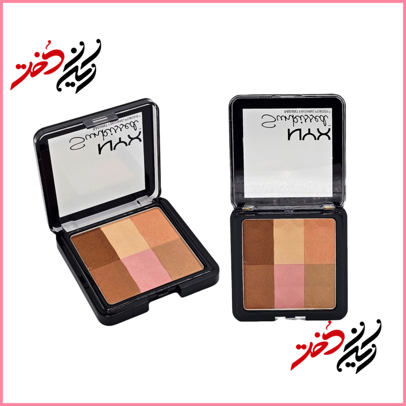 پودر فینیش NYX Sunkissed Radiant Finishing Powder رنگ RFP02 – نمای باز و بسته با طراحی مشکی و بسته‌بندی اصل – عرضه‌شده توسط فروشگاه ایران دخت