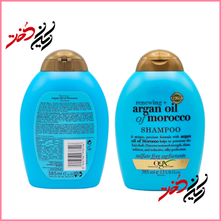 شامپو او جی ایکس مدل Renewing + Argan Oil of Morocco حجم ۳۸۵ میلی‌لیتر – نمای جلو و پشت با طراحی آبی – مناسب موهای خشک و آسیب‌دیده