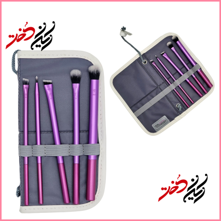 ست Real Techniques Eye Brush Set – نمای جلو با ظرف پلاستیکی و رنگ بنفش – طراحی ساده و حرفه‌ای با رنگ بنفش