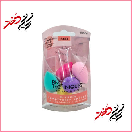 اسفنج آرایش Real Techniques Miracle Complexion Sponge – نمای بسته‌بندی با ۴ رنگ شامل صورتی، بنفش، سبز و زرد – طراحی شیک و کاربردی