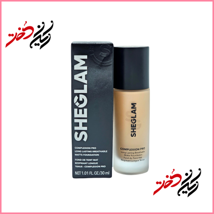 فوندیشن SHEGLAM Complexion Pro – نمای جلو و بسته‌بندی شیشه‌ای با درب مشکی – طراحی ساده و حرفه‌ای – عرضه‌شده توسط ایران دخت