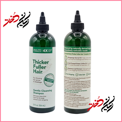شامپو Thicker Fuller Hair مدل Gentle Cleansing حجم ۳۵۴ میلی‌لیتر – نمای جلو و پشت با طراحی سبز و سفید – ایران دخت