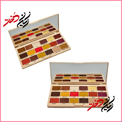 پالت چشم Too Faced Sweet Peach – نمای باز و بسته با ۳۰ رنگ شامل مات و متالیک – طراحی کرمی و شاد با نام‌های میوه‌ای – عرضه‌شده توسط ایران دخت