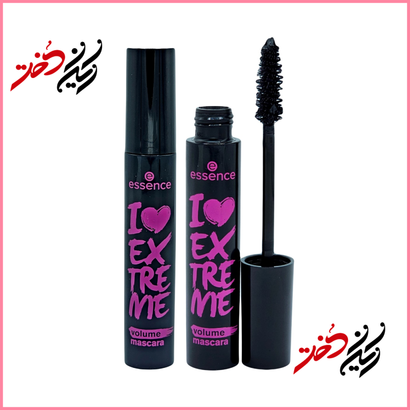 ماسکارا essence I Love Extreme Volume – نمای باز و بسته با قلم موی موج‌دار و بسته‌بندی مشکی و بنفش – طراحی شیک و جذاب