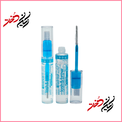 ماسکارا ژله‌ای Essence Lash & Brow – نمای باز و بسته با قلم موی دندانه‌دار و بسته‌بندی شفاف آبی – طراحی مدرن و کاربردی