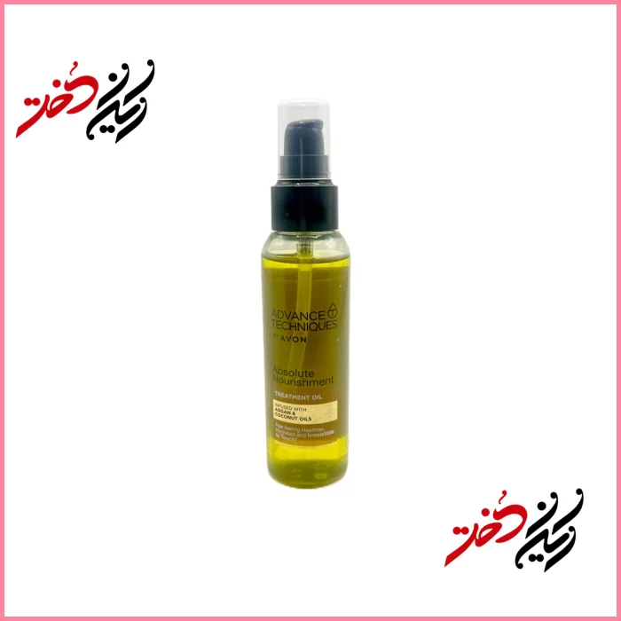 Advance-Techniques-Absolute-Nourishment-Treatment-Oil نمای جلو و عقب بطری شیشهای روغن درمانی آون ادوانس تکنیکس آبسولوت نوریشرمنت با پمپ مشکی – حجم 100 میلیلیتر