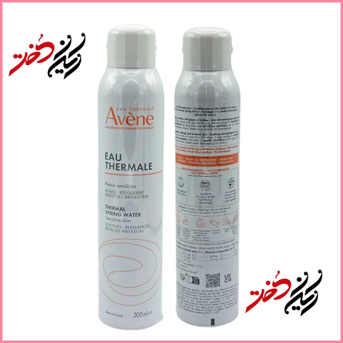 Avene-Eau-Thermale-Thermal-Spring-Water آب معدنی Avene Thermal Spring Water – نمای جلو و عقب با ظرف اسپری و درب سفید – طراحی ساده و حرفهای – عرضهشده توسط ایران دخت