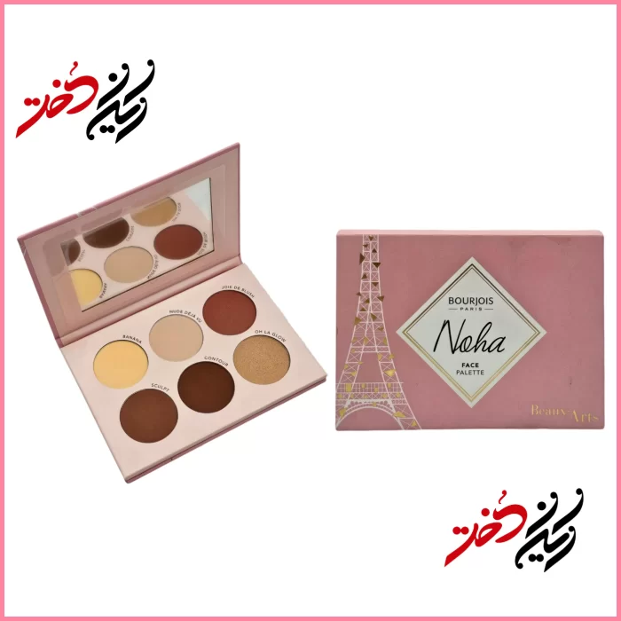 Bourjois-Noha-Face-Palette پالت چهره بورژوا مدل Noha – نمای باز و بسته با طراحی صورتی و برج ایفل – شامل ۵ رنگ برای کانتور، بلش و هایلایتر – عرضهشده توسط فروشگاه ایران دخت