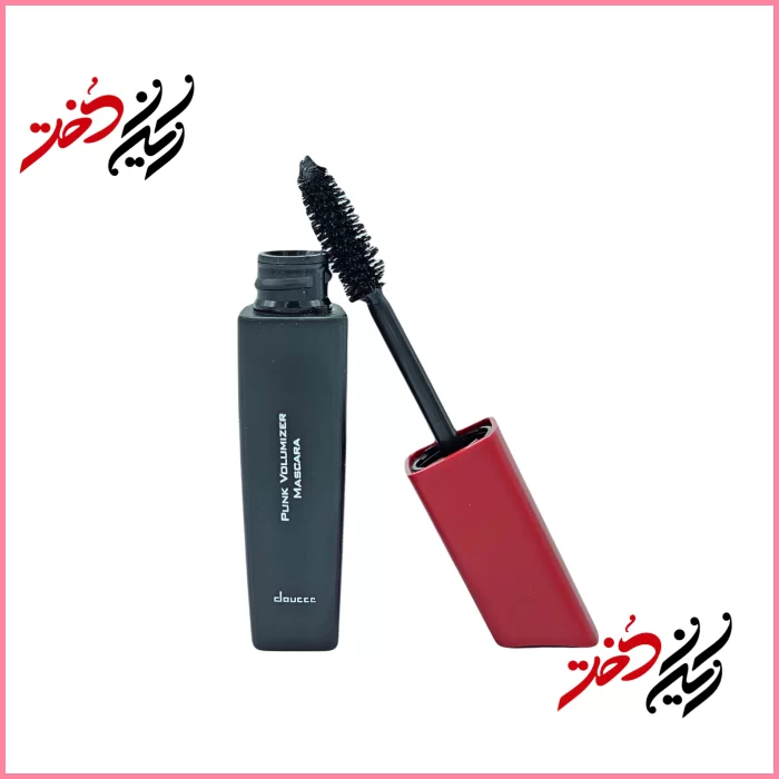 Doucce-Punk-Volumizer-Mascara ماسکارا Doucce Punk Volumizer – نمای باز با قلم موی موجدار و بستهبندی مشکی و قرمز – طراحی شیک و حرفهای – عرضهشده توسط ایران دخت