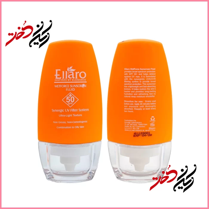 فلید ضد آفتاب الارو مدل Wetforce Sunscreen Fluid SPF 50+ حجم ۵۰ میلی‌لیتر – نمای جلو و پشت بطری اورجینال – ایران دخت