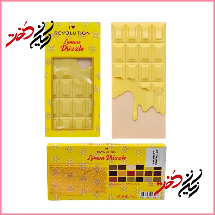 I-Heart-Revolution-Lemon-Drizzle-Eyeshadow-Palette پالت چشم I Heart Revolution Lemon Drizzle – نمای جلو، عقب و باز با طراحی شکلات لیمویی و ۱۸ رنگ شامل متالیک و مات – طراحی زرد و شاد