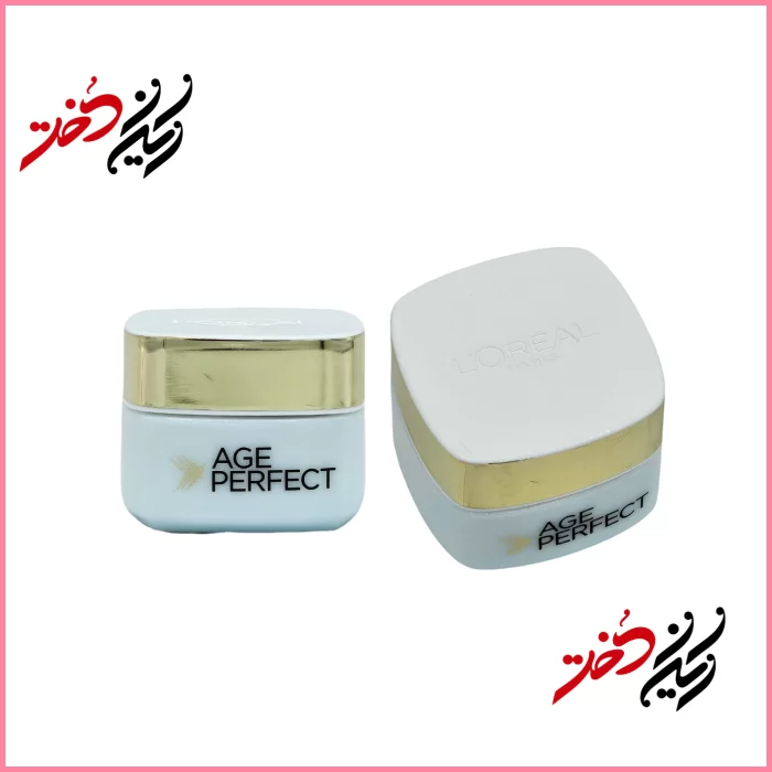 LOreal-Paris-Age-Perfect-Collagen-Expert-Re-Hydrating-Care-Anti-Sagging-Eye-Cream کرم چشم L'Oréal Age Perfect – نمای جلو و عقب با ظرف پلاستیکی و درب سفید – طراحی ساده و حرفهای با رنگ سفید