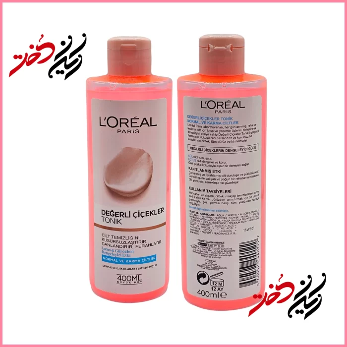 LOreal-Paris-Degerli-Cicekler-Tonik تونر L'Oréal Değerli Çiçekler Tonik – نمای جلو و عقب با ظرف شیشهای و درب صورتی – طراحی ساده و حرفهای با رنگ صورتی