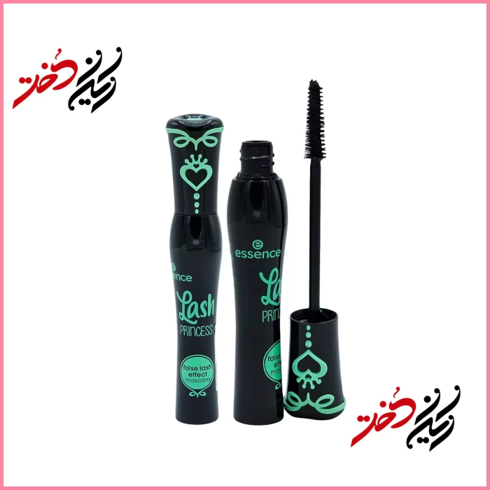 ماسکارا Essence Lash Princess – نمای باز و بسته با قلم موی موج‌دار و بسته‌بندی مشکی و سبز – طراحی شیک و جذاب