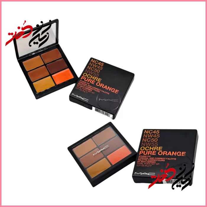 MAC-Studio-Fix-Conceal-and-Correct-Palette-Ochre-Pure-Orange پالت کانسیل و اصلاح مک مدل Ochre Pure Orange – نمای باز و بسته با طراحی مشکی – ۶ رنگ خاکستری و نارنجی برای اصلاح رنگ پوست – عرضهشده توسط فروشگاه ایران دخت