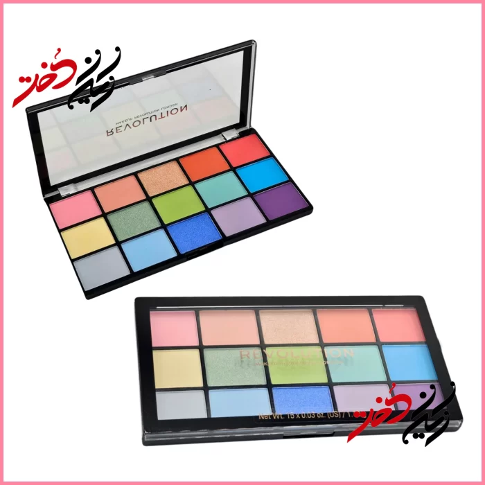 پالت آرایش چشم رولوشن مدل ۱۵ رنگ – نمای باز و بسته پالت با رنگ‌های زیبا و متنوع – طراحی ساده و کاربردی