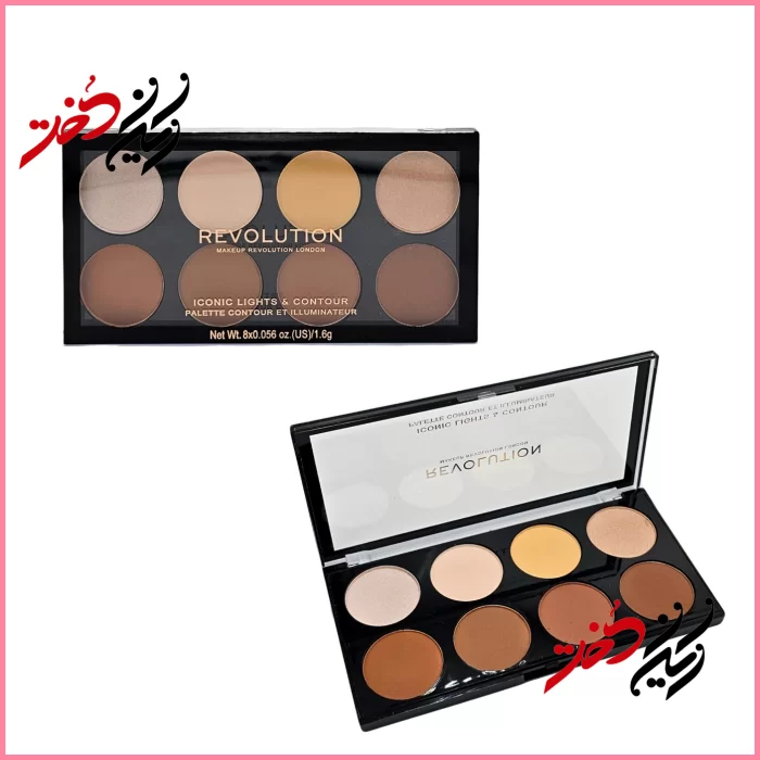 Makeup-Revolution-Iconic-Lights-Contour-Palette پالت هایلایتر و کانتور Revolution Iconic Lights & Contour – نمای باز و بسته با ۸ رنگ دایرهای شامل نقرهای، طلایی و قهوهای – طراحی مشکی و حرفهای