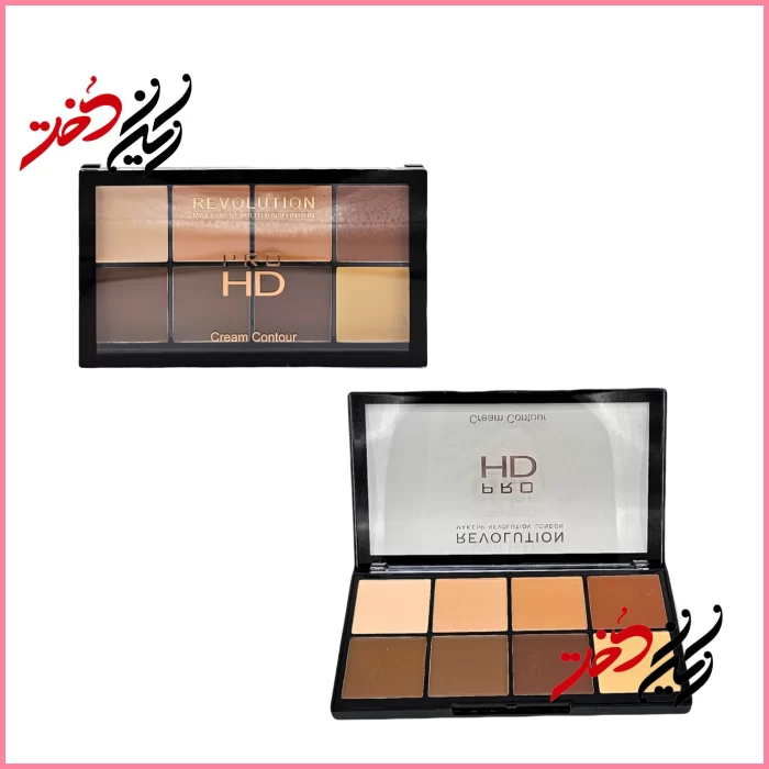 Makeup-Revolution-PRO-HD-Cream-Contour-Palette-1 پالت کرم کانتور Revolution Pro HD – نمای باز و بسته با ۶ رنگ شامل روشن و تیره – طراحی مشکی و حرفهای با لوگوی طلایی