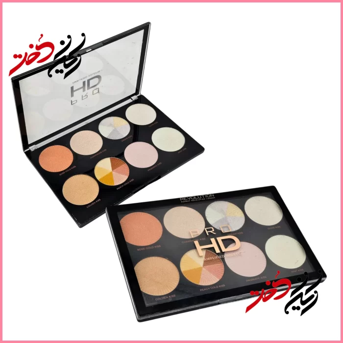 پالت هایلایتر رولوشن مدل Pro HD Glow Getter – نمای باز و بسته با ۸ رنگ هایلایتر شیک و پرتوان – طراحی مدرن و کاملاً حرفه‌ای