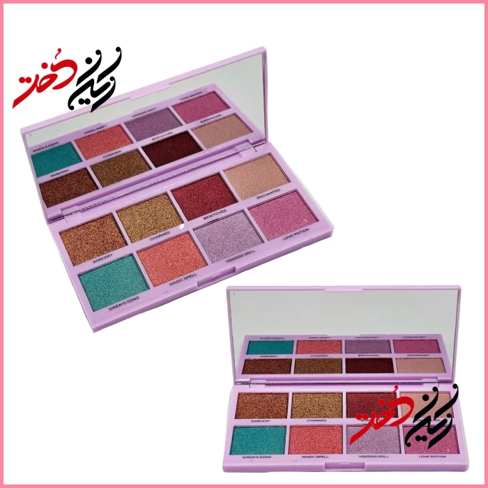 پالت چشم Revolution Spellbound – نمای باز و بسته با ۱۸ رنگ شامل متالیک و مات – طراحی بنفش و جذاب با نام‌های جادویی