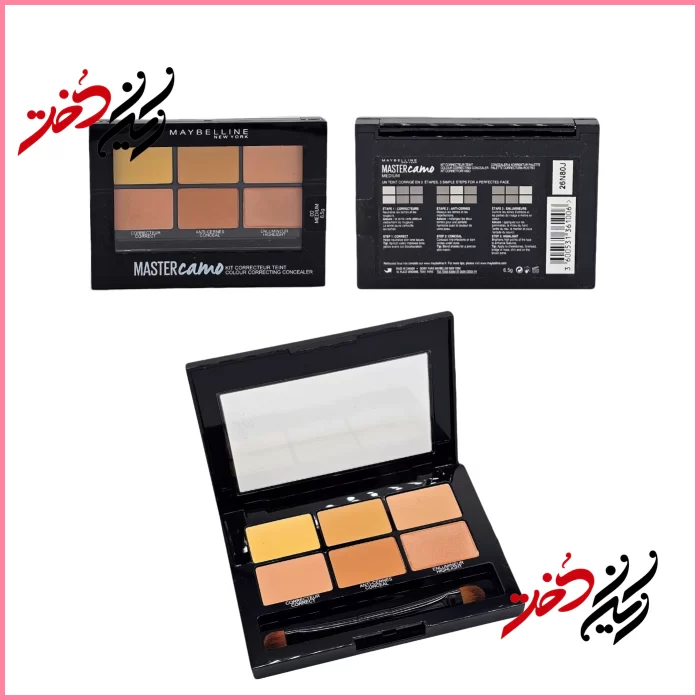 Maybelline-Master-Camo-Colour-Correcting-Concealer-Palette-Medium-1 پالت کانسیلر Maybelline Master Camo – نمای باز و بسته با ۶ رنگ شامل زرد، صورتی و قهوهای – طراحی مشکی حرفهای با قلمموی داخلی