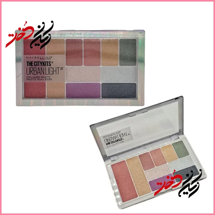 پالت چشم و گونه Maybelline The City Kits Urban Light – نمای باز و بسته با طراحی شیک و رنگ‌های متنوع – شامل ۱۰ رنگ برای چشم و گونه – عرضه‌شده توسط فروشگاه ایران دخت