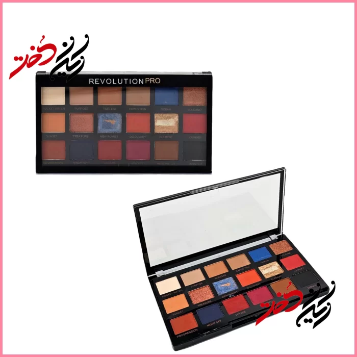 Revolution-Pro-Eyeshadow-Palette پالت چشم Revolution Pro – نمای باز و بسته با ۱۸ رنگ شامل مات و متالیک – طراحی مشکی و حرفهای با لوگوی طلایی