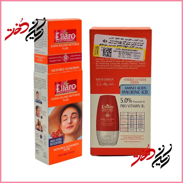 SPF-50 فلید ضد آفتاب الارو مدل Wetforce Sunscreen Fluid SPF 50+ حجم ۵۰ میلیلیتر – نمای جلو و پشت جعبه اورجینال – ایران دخت