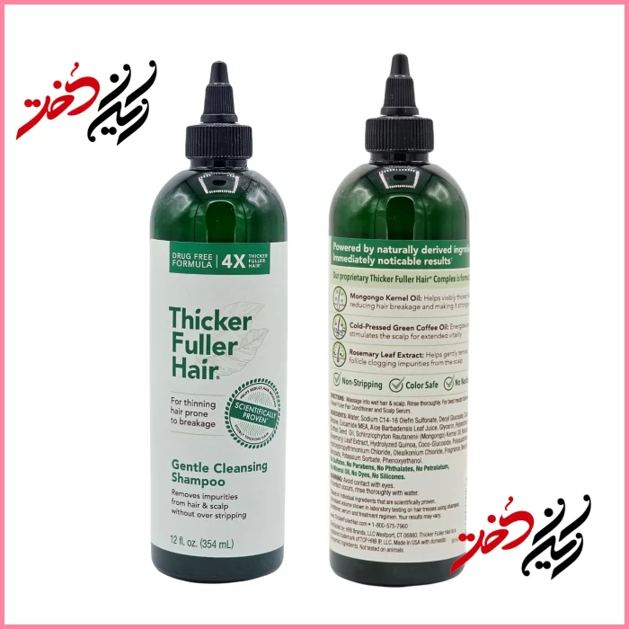 Thicker-Fuller-Hair-Gentle-Cleansing-Shampoo شامپو Thicker Fuller Hair مدل Gentle Cleansing حجم ۳۵۴ میلیلیتر – نمای جلو و پشت با طراحی سبز و سفید – ایران دخت