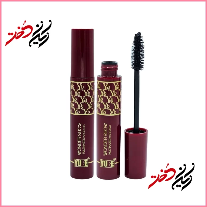 WONDER-SHOW-MULTIMAZER-MASCARA-Red ماسکارا YUBE Wonder Show با برس موجدار در بستهبندی قرمز و طلایی – نمای باز و بسته محصول